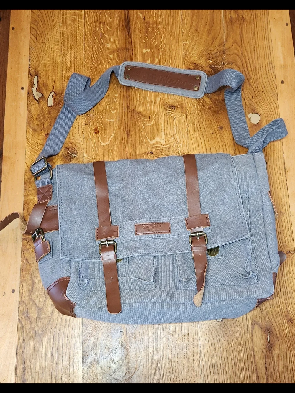 Canvas Messenger Bag with Brown Leather Trim - Gray Men's Shoulder Bag